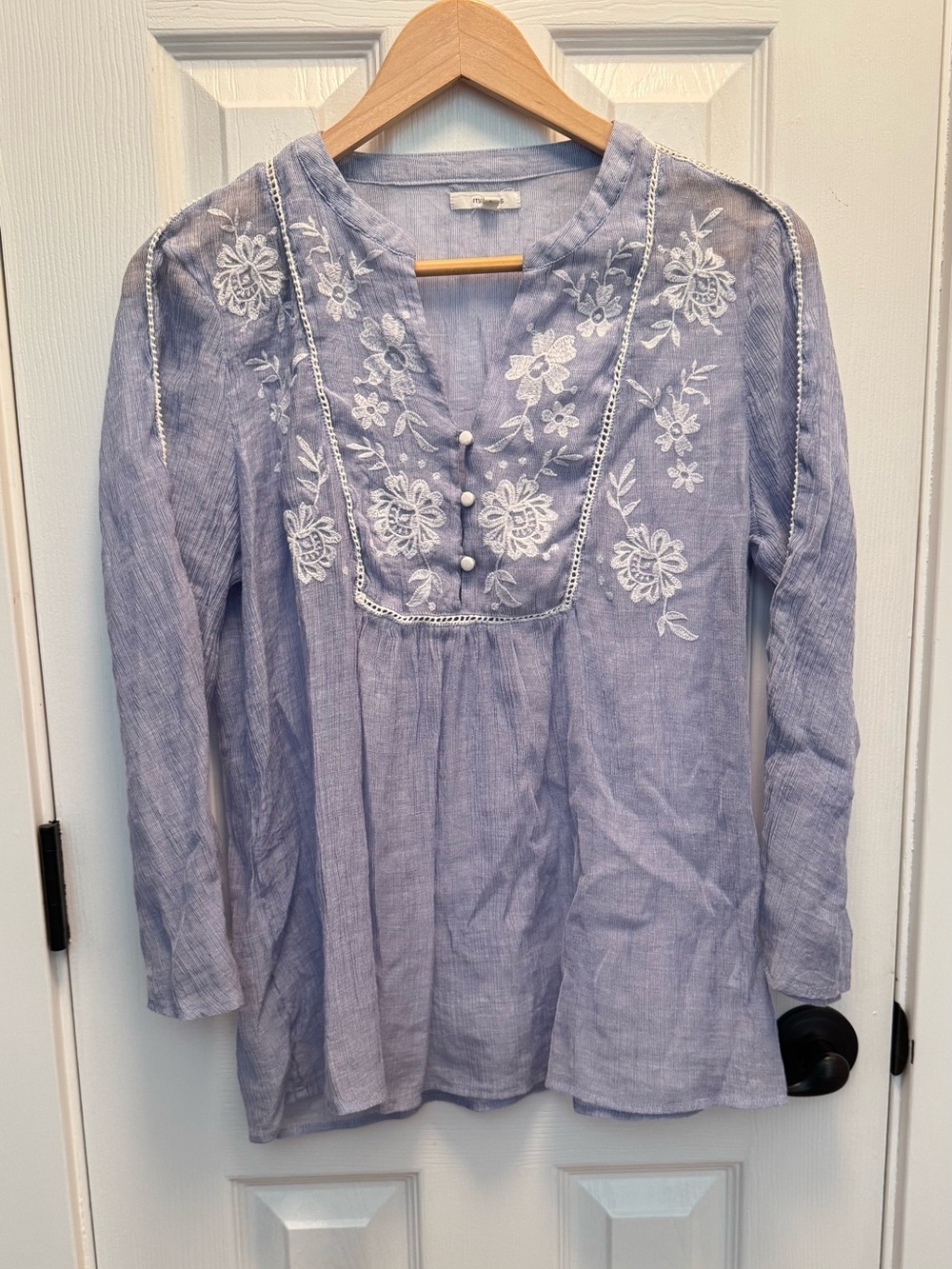 Maurices Light Blue Embroidered Peasant Tunic